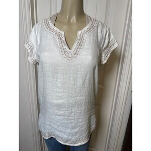 KENAR White Linen V-Neck Embroidered Tunic Top SS, Sz S, vacation, minimalist